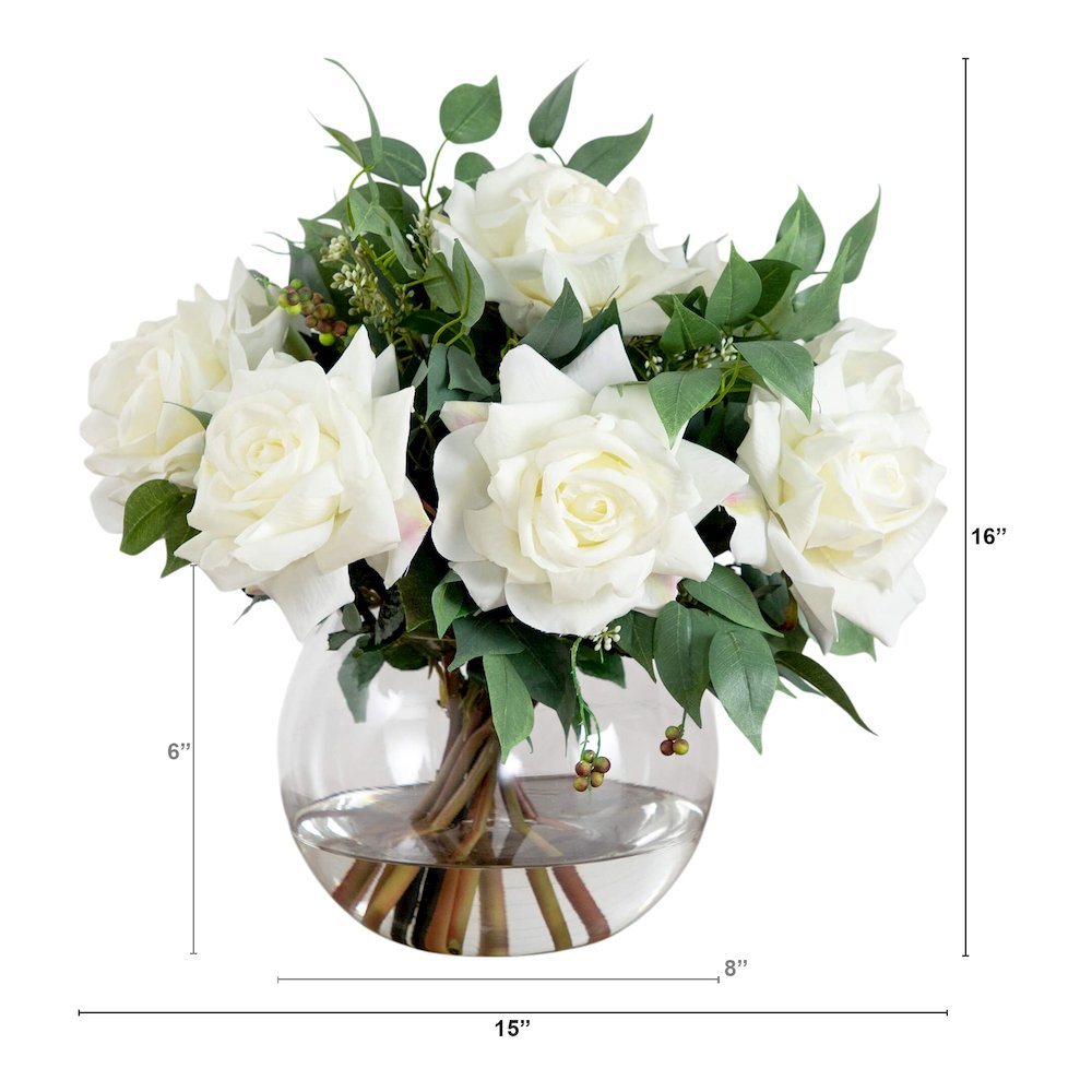 16in. Artificial Roses and Mixed Greens Arrangement in Glass Vase. Picture 1