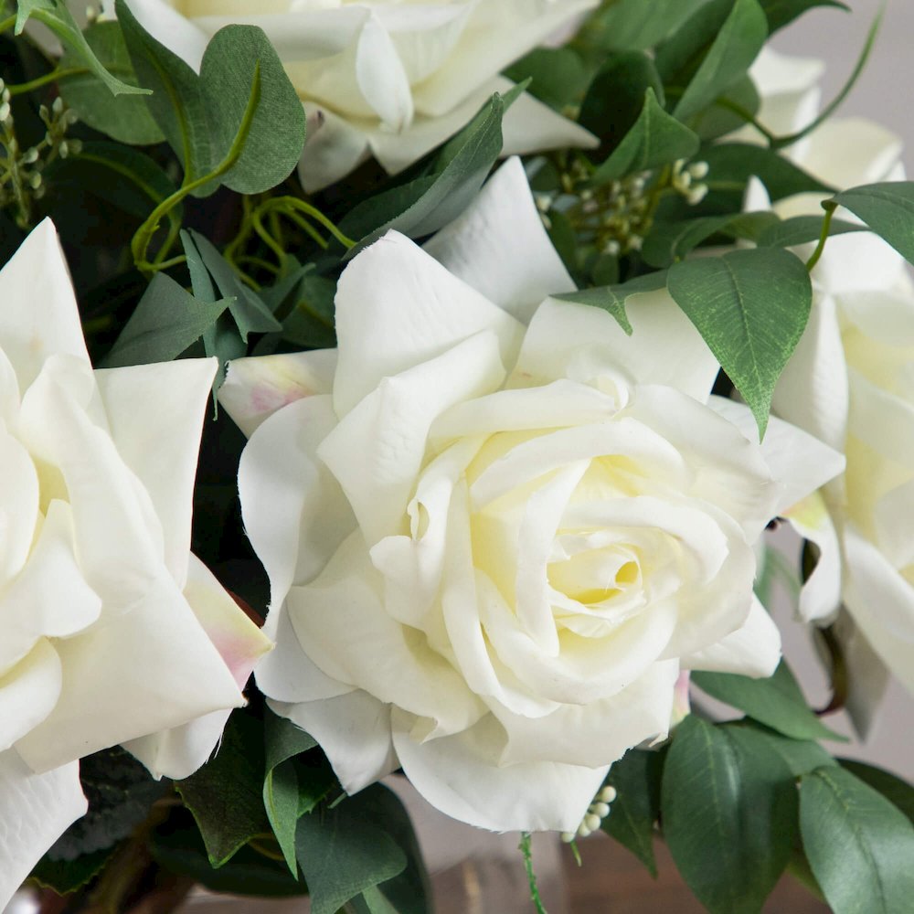 16in. Artificial Roses and Mixed Greens Arrangement in Glass Vase. Picture 2