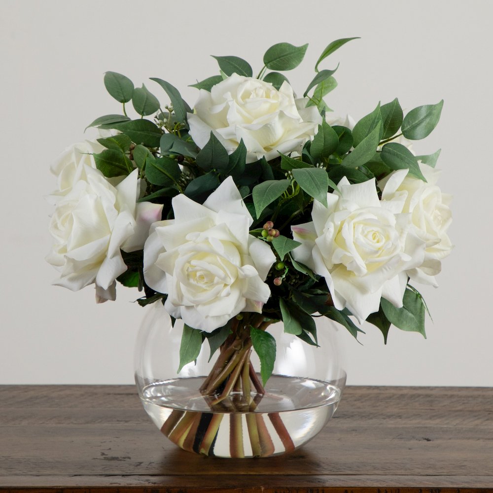 16in. Artificial Roses and Mixed Greens Arrangement in Glass Vase. Picture 3