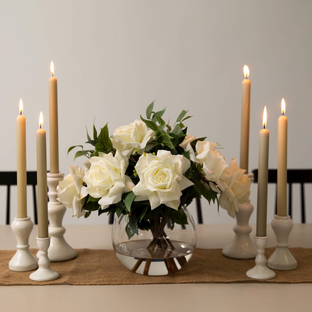 16in. Artificial Roses and Mixed Greens Arrangement in Glass Vase. Picture 4