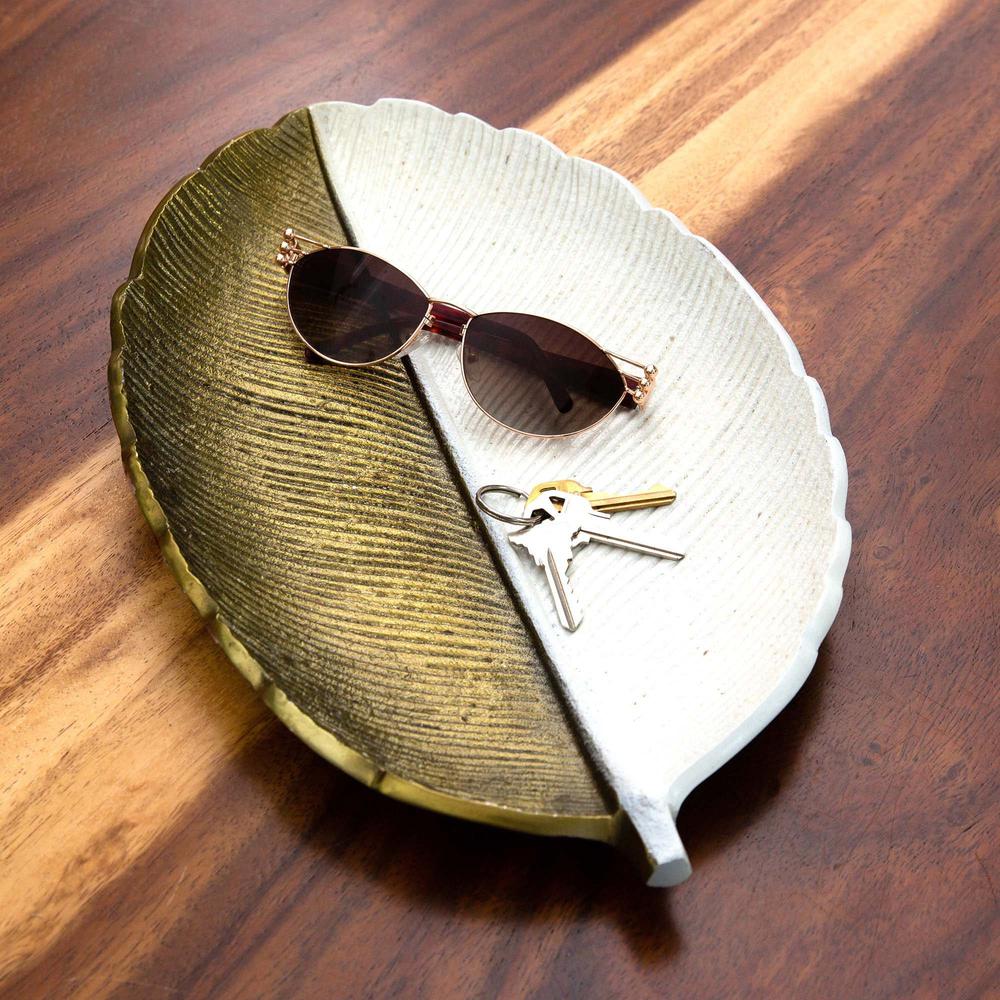 14in. Gold and White Leaf Decorative Accent Tray. Picture 7