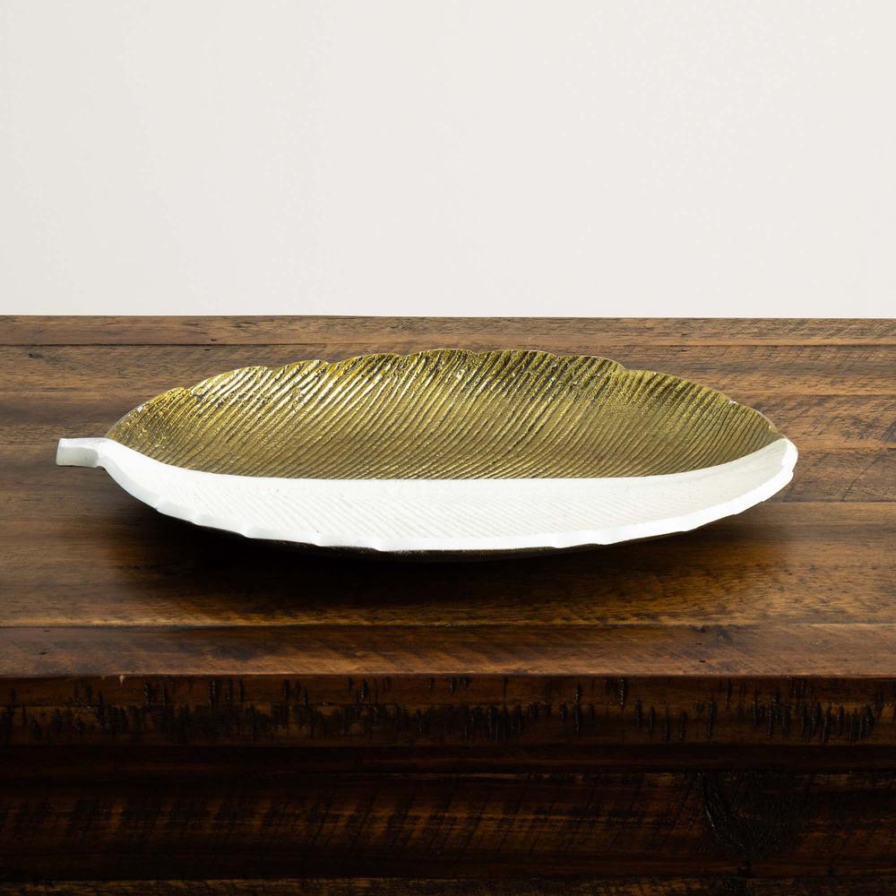 14in. Gold and White Leaf Decorative Accent Tray. Picture 3