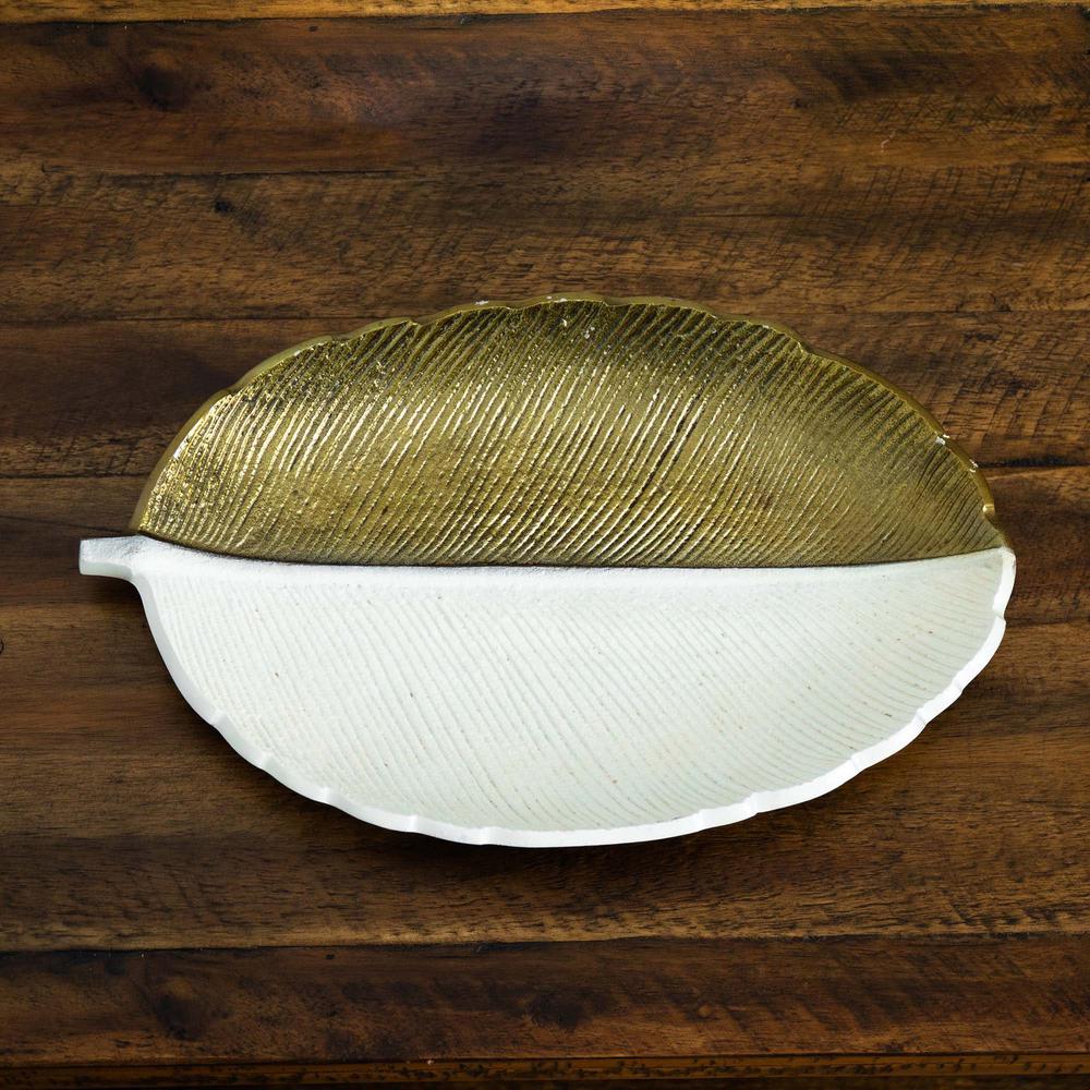14in. Gold and White Leaf Decorative Accent Tray. Picture 6