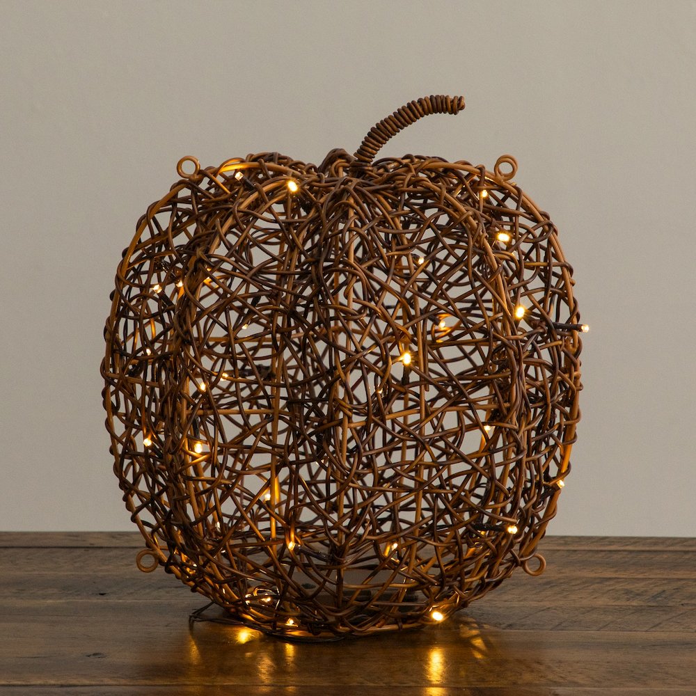 12in. Pre-Lit Autumn Rattan Fall Pumpkin with 40 Warm White LED Lights. Picture 3