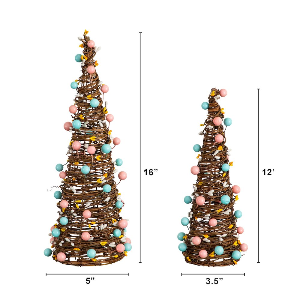 12in. and 16in. Artificial Easter Rattan Cone Trees with Pastel Eggs - Set of 2. Picture 2