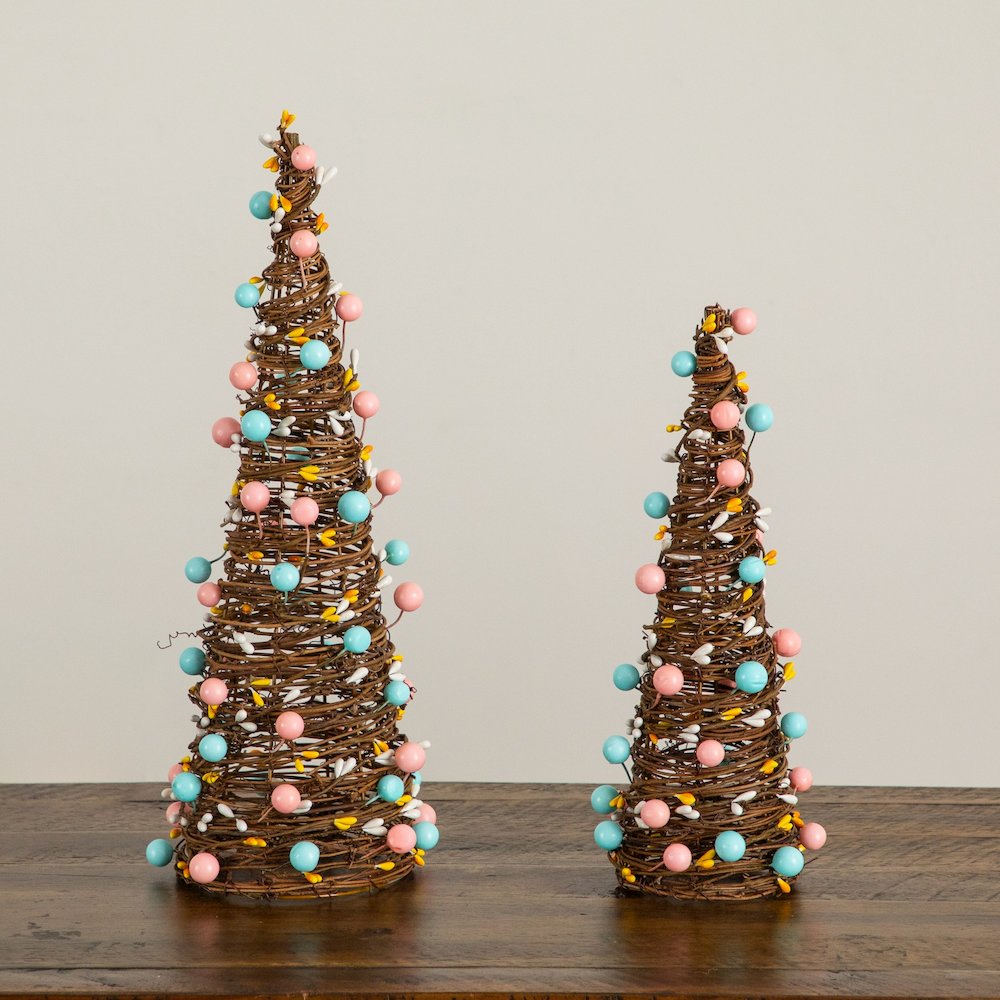 12in. and 16in. Artificial Easter Rattan Cone Trees with Pastel Eggs - Set of 2. Picture 3