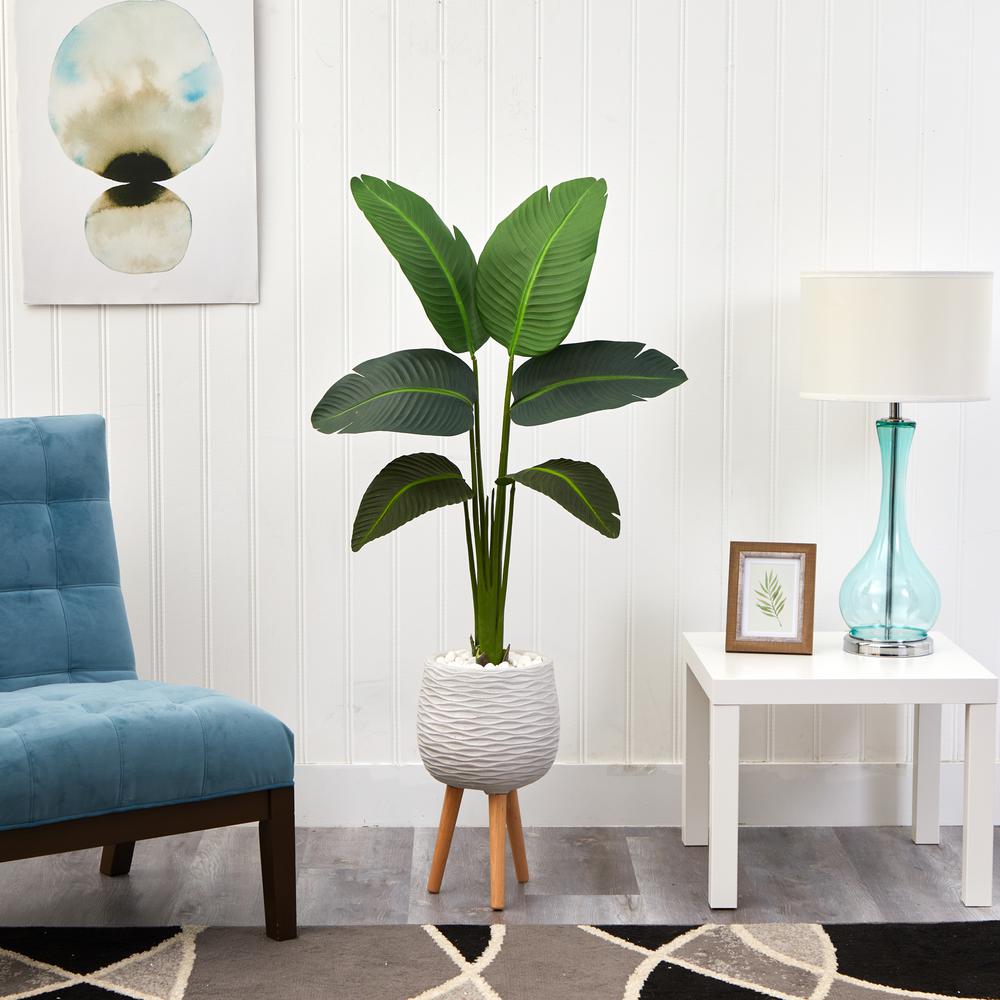 5ft. Travelers Palm Artificial Plant in White Planter with Stand (Real Touch). Picture 4