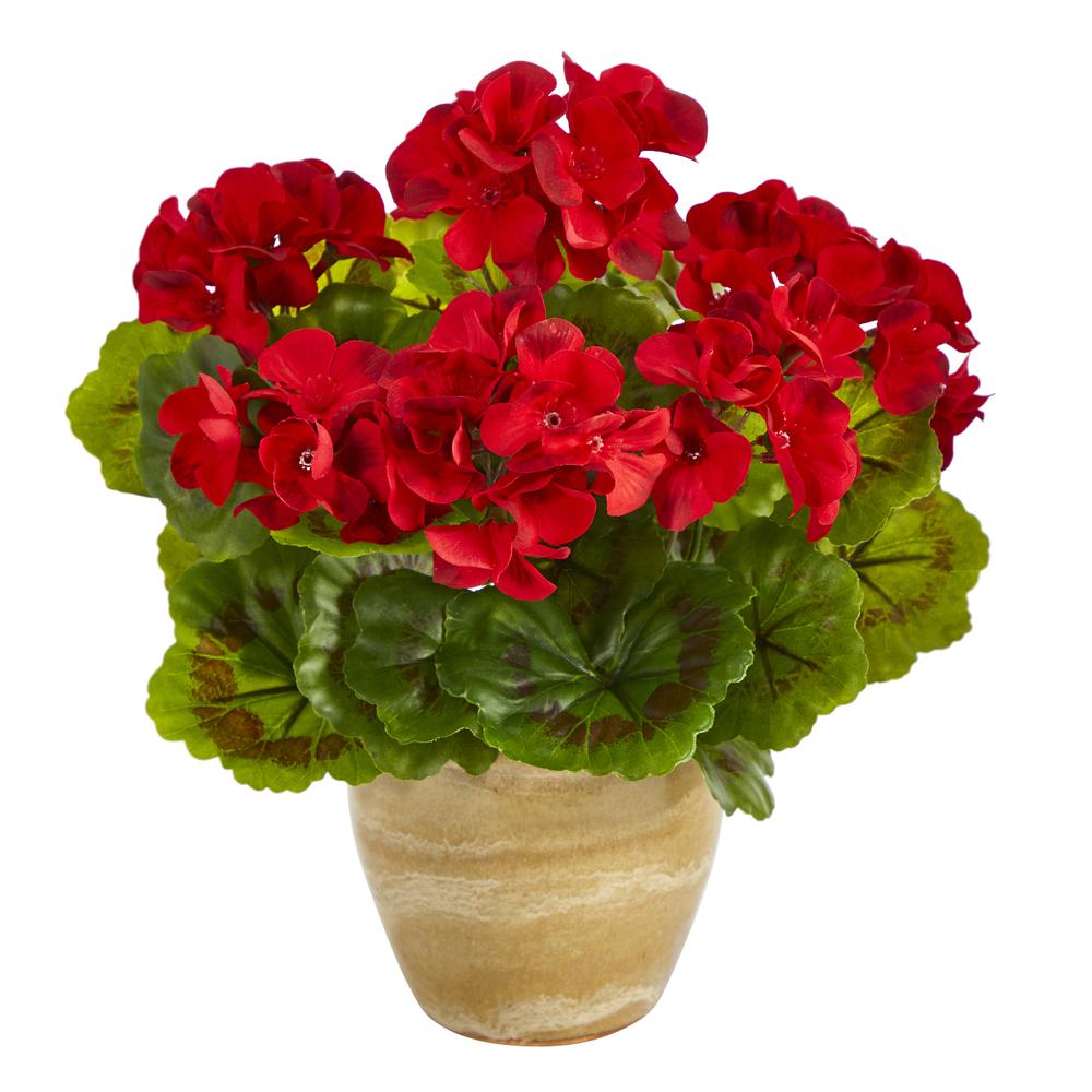 11in. Geranium Artificial Plant in Ceramic Planter UV Resistant (Indoor/Outdoor), Red. Picture 1
