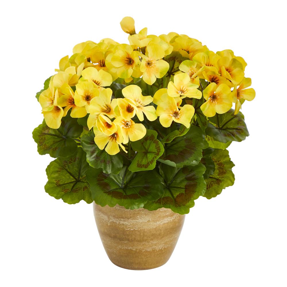 11in. Geranium Artificial Plant in Ceramic Planter UV Resistant (Indoor/Outdoor), Yellow. Picture 1