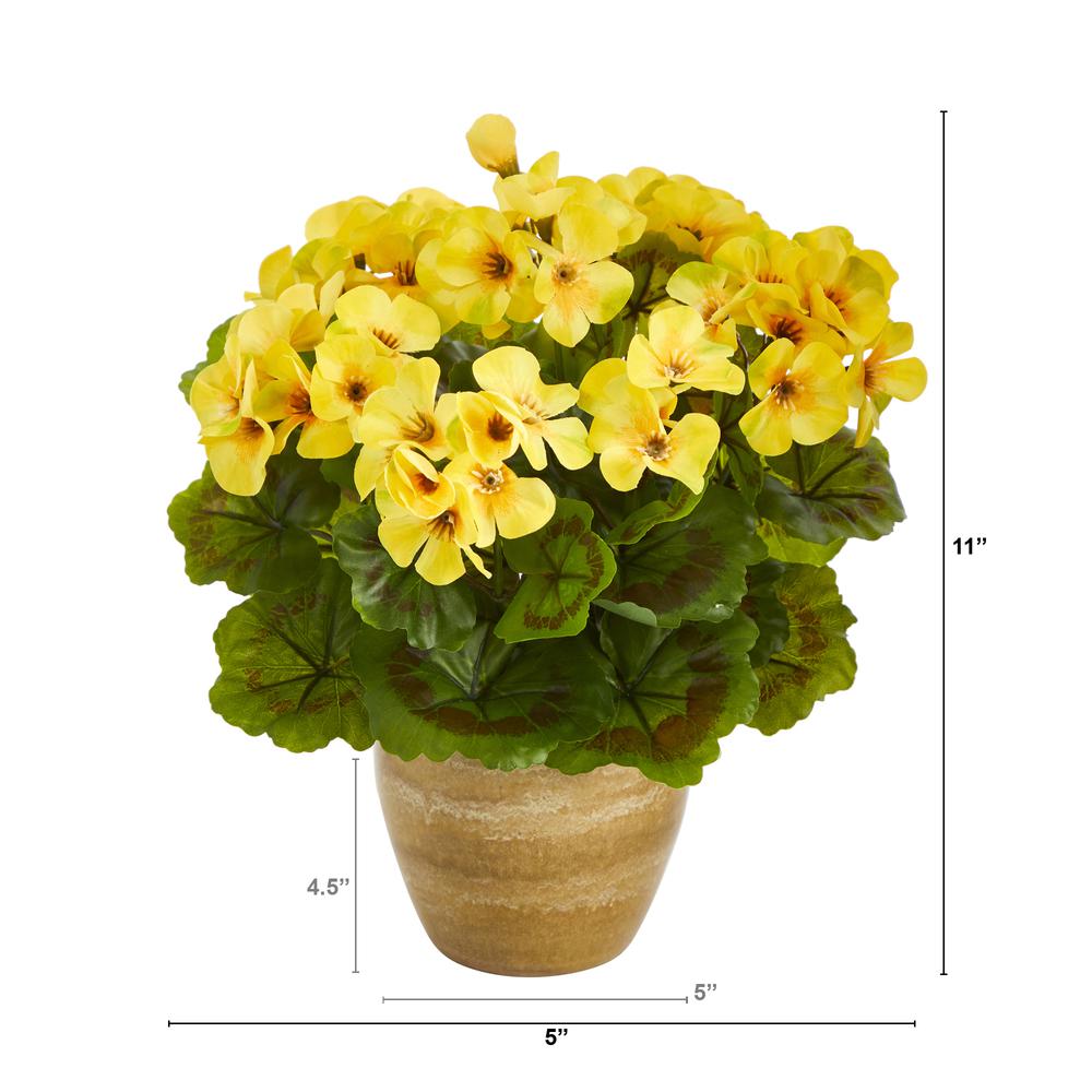 11in. Geranium Artificial Plant in Ceramic Planter UV Resistant (Indoor/Outdoor), Yellow. Picture 3