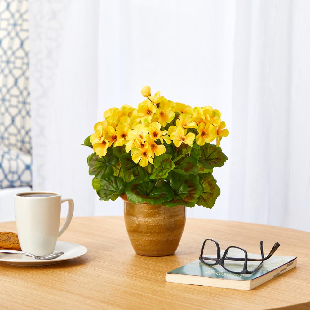 11in. Geranium Artificial Plant in Ceramic Planter UV Resistant (Indoor/Outdoor), Yellow. Picture 2