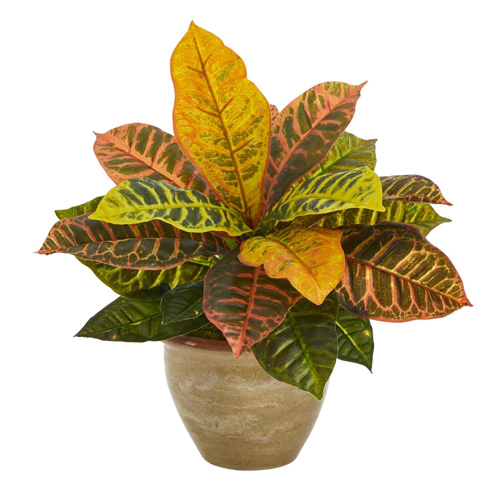 15in. Garden Croton Artificial Plant in Ceramic Planter (Real Touch). Picture 1