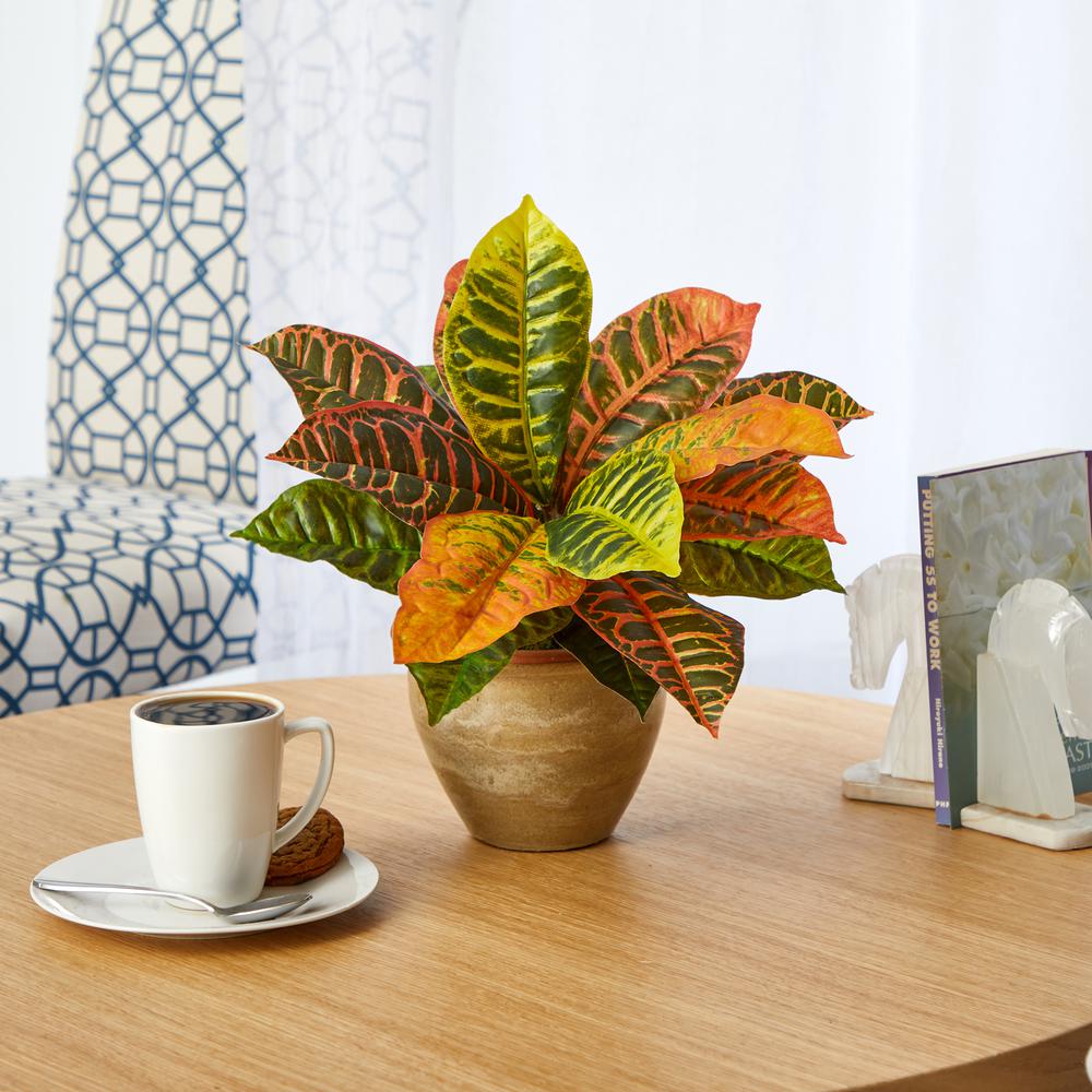 15in. Garden Croton Artificial Plant in Ceramic Planter (Real Touch). Picture 4