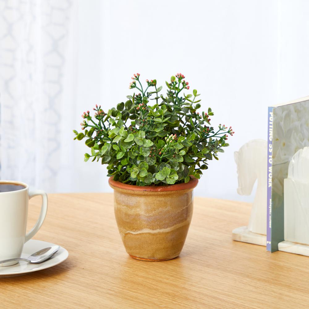 10in. Eucalyptus and Sedum Succulent Artificial Plant in Ceramic Planter. Picture 3