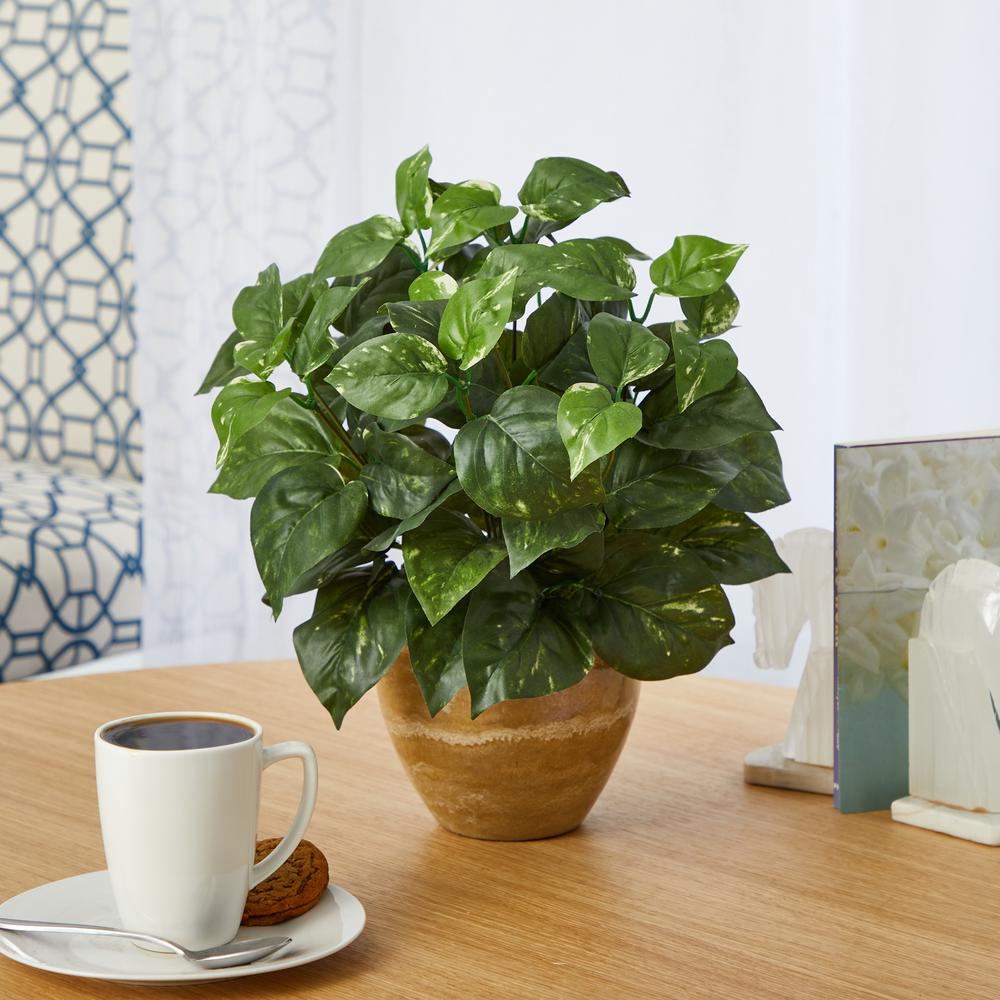14in. Pothos Artificial Plant in Ceramic Planter. Picture 3