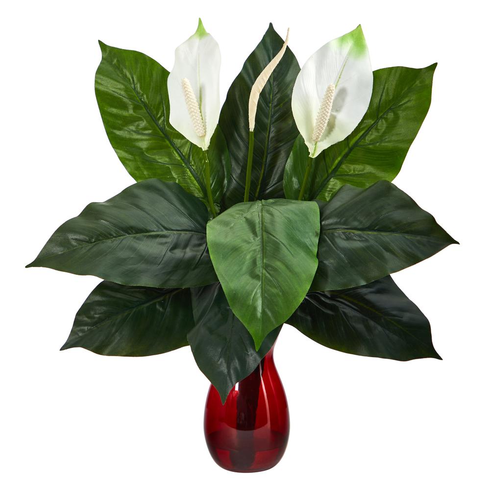 24in. Spathiphyllum Artificial Plant in Ruby Planter. Picture 1