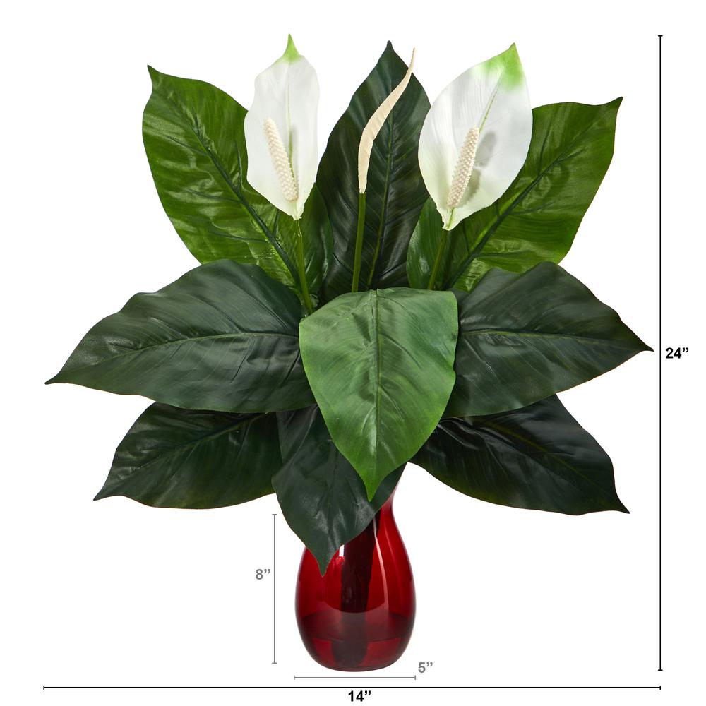 24in. Spathiphyllum Artificial Plant in Ruby Planter. Picture 2
