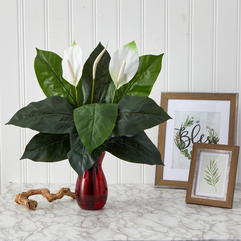 24in. Spathiphyllum Artificial Plant in Ruby Planter. Picture 3