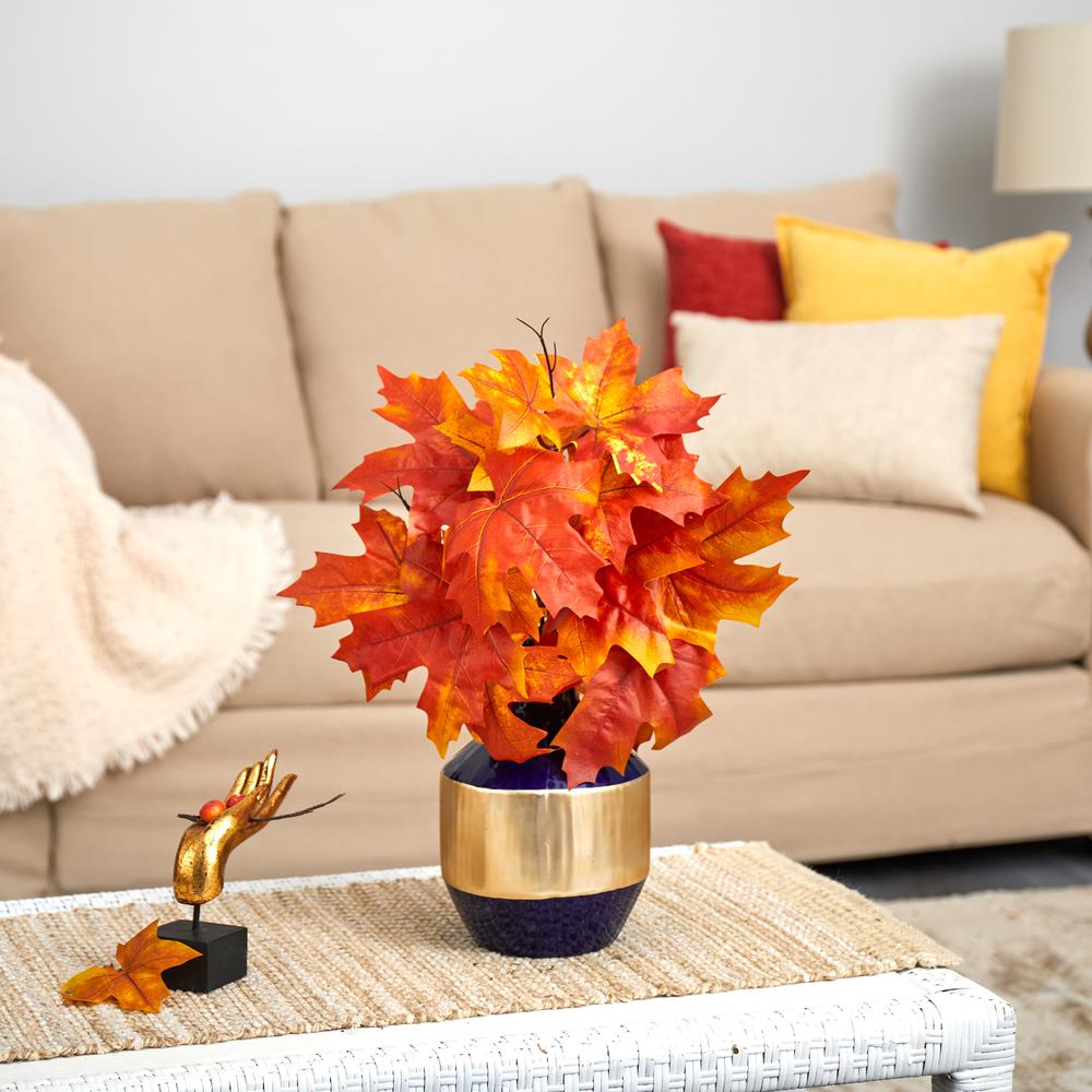 18in. Autumn Maple Leaf Artificial Plant in Blue and Gold Planter. Picture 3