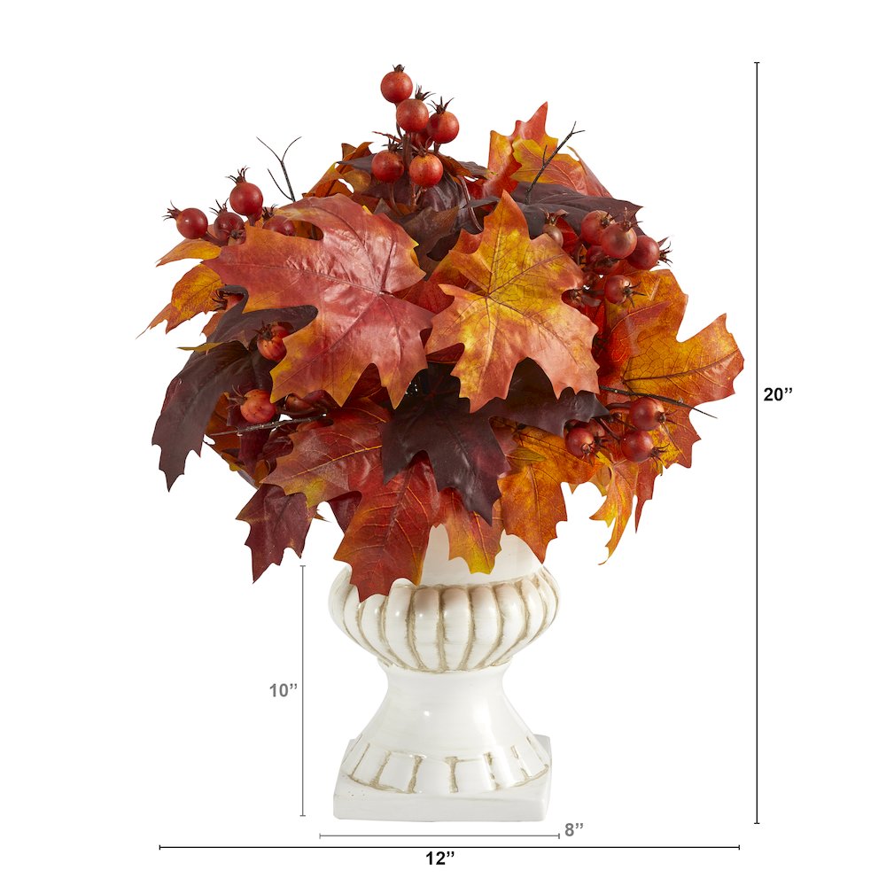 20in. Autumn Maple Leaf and Berries Artificial Plant in White Urn. Picture 2