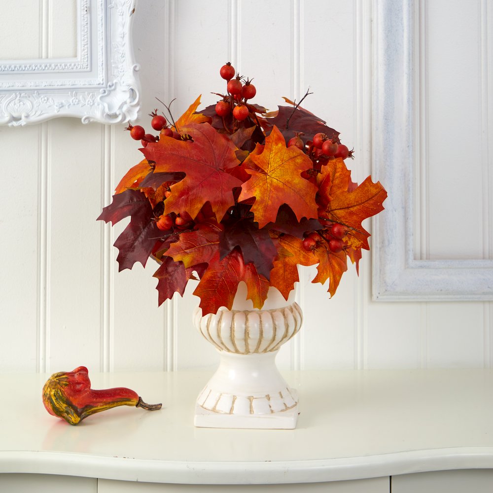 20in. Autumn Maple Leaf and Berries Artificial Plant in White Urn. Picture 3