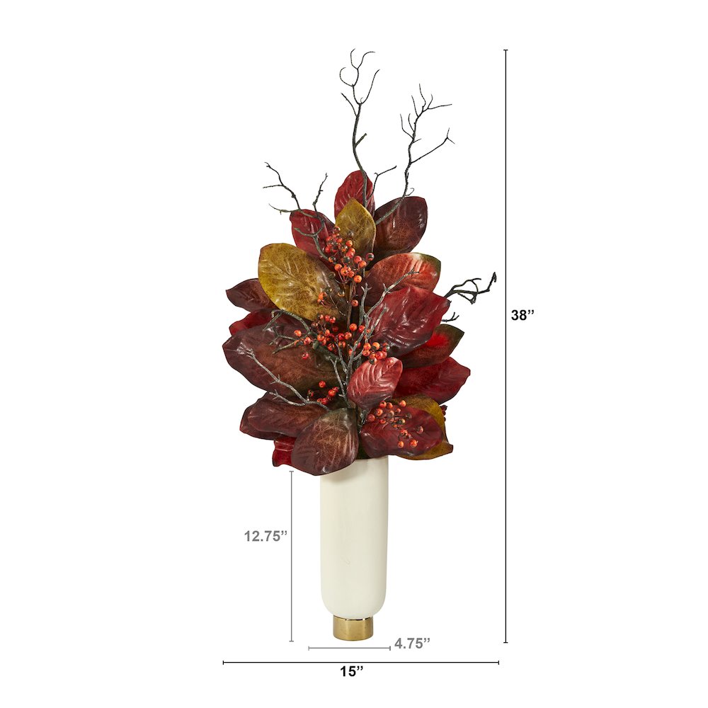 38in. Autumn Magnolia Leaf with Berries Plant in Cream Planter with Gold Base. Picture 2