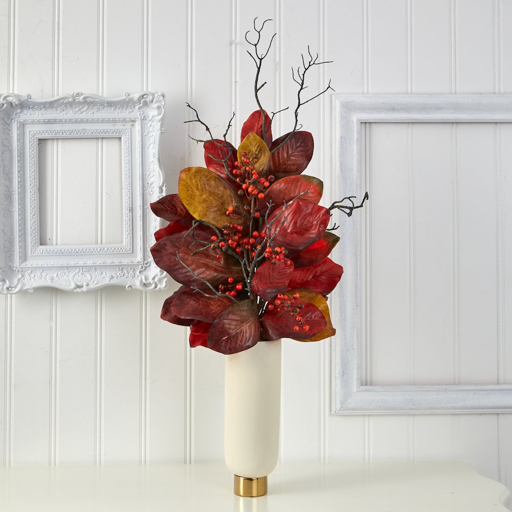 38in. Autumn Magnolia Leaf with Berries Plant in Cream Planter with Gold Base. Picture 3