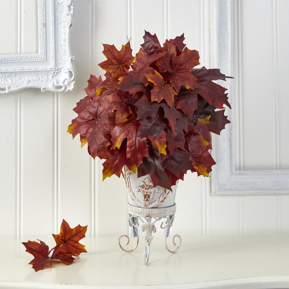 20in. Autumn Maple Leaf Artificial Plant in Metal Planter. Picture 3