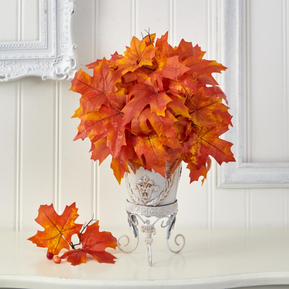 20in. Autumn Maple Leaf Artificial Plant in Metal Planter. Picture 3