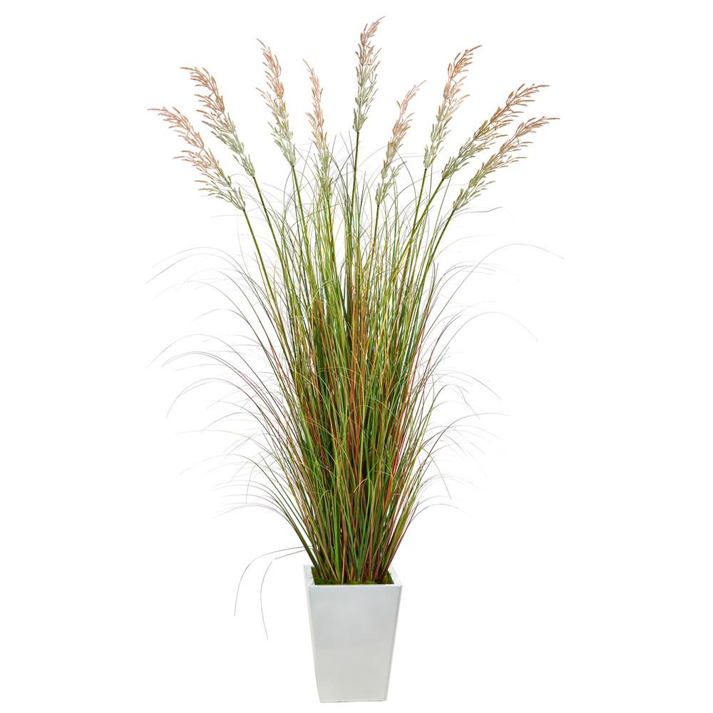 74in. Grass Artificial Plant in White Metal Planter. Picture 1