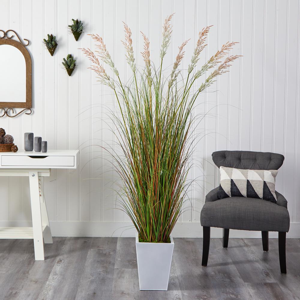 74in. Grass Artificial Plant in White Metal Planter. Picture 3