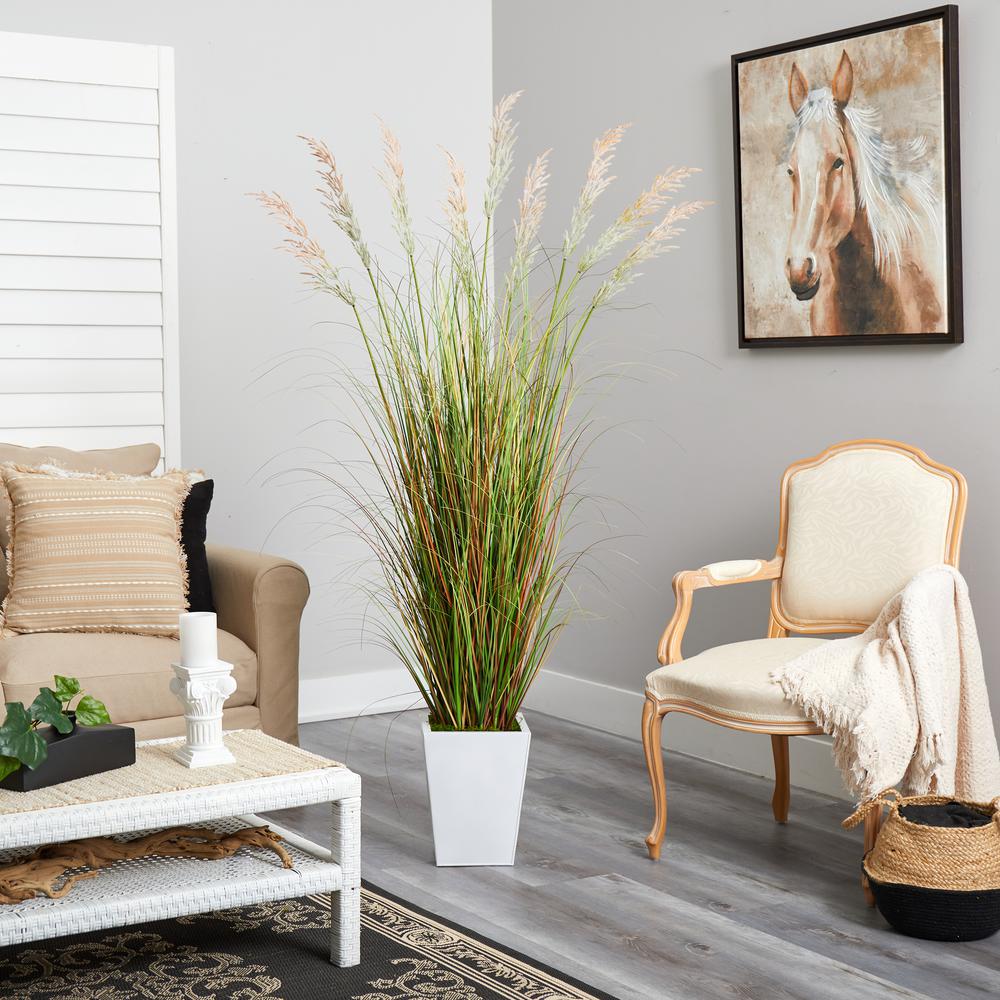 74in. Grass Artificial Plant in White Metal Planter. Picture 4