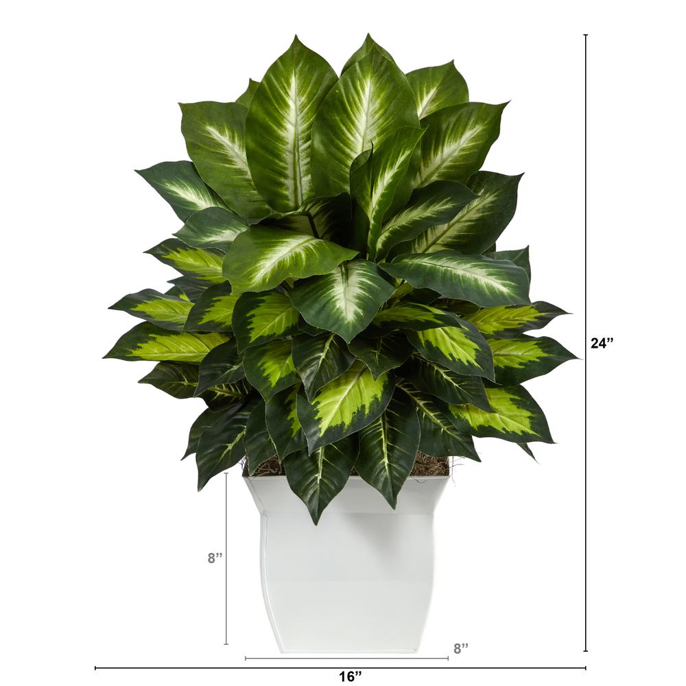 2ft. Golden Dieffenbachia Artificial Plant in White Metal Planter. Picture 2