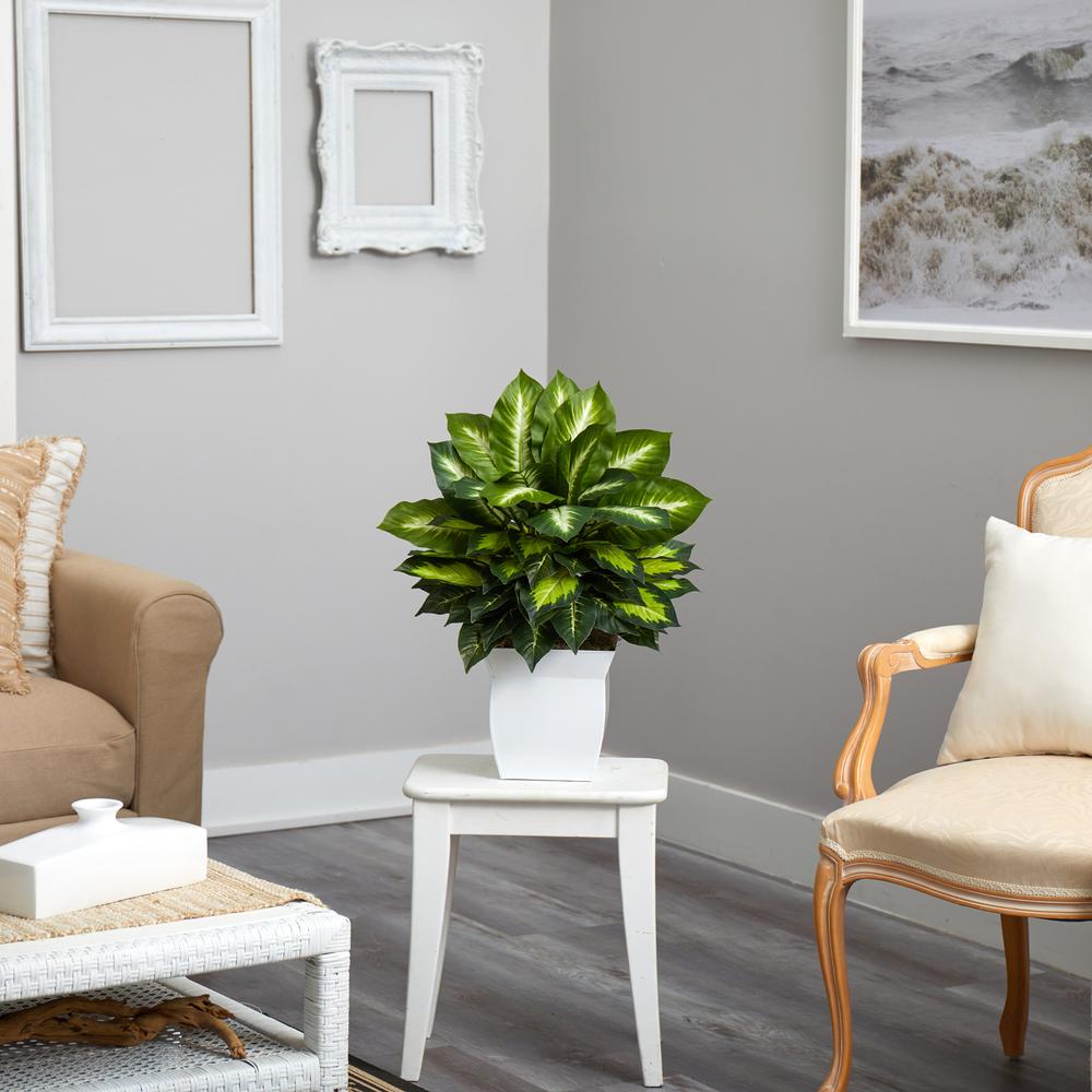 2ft. Golden Dieffenbachia Artificial Plant in White Metal Planter. Picture 4
