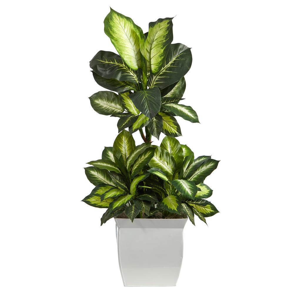 46in. Golden Dieffenbachia Artificial Plant in White Metal Planter. Picture 1