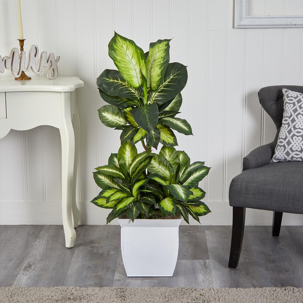 46in. Golden Dieffenbachia Artificial Plant in White Metal Planter. Picture 3