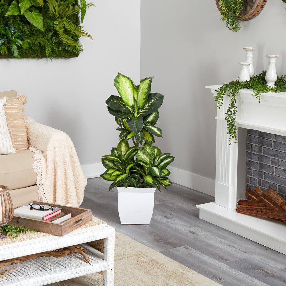 46in. Golden Dieffenbachia Artificial Plant in White Metal Planter. Picture 4