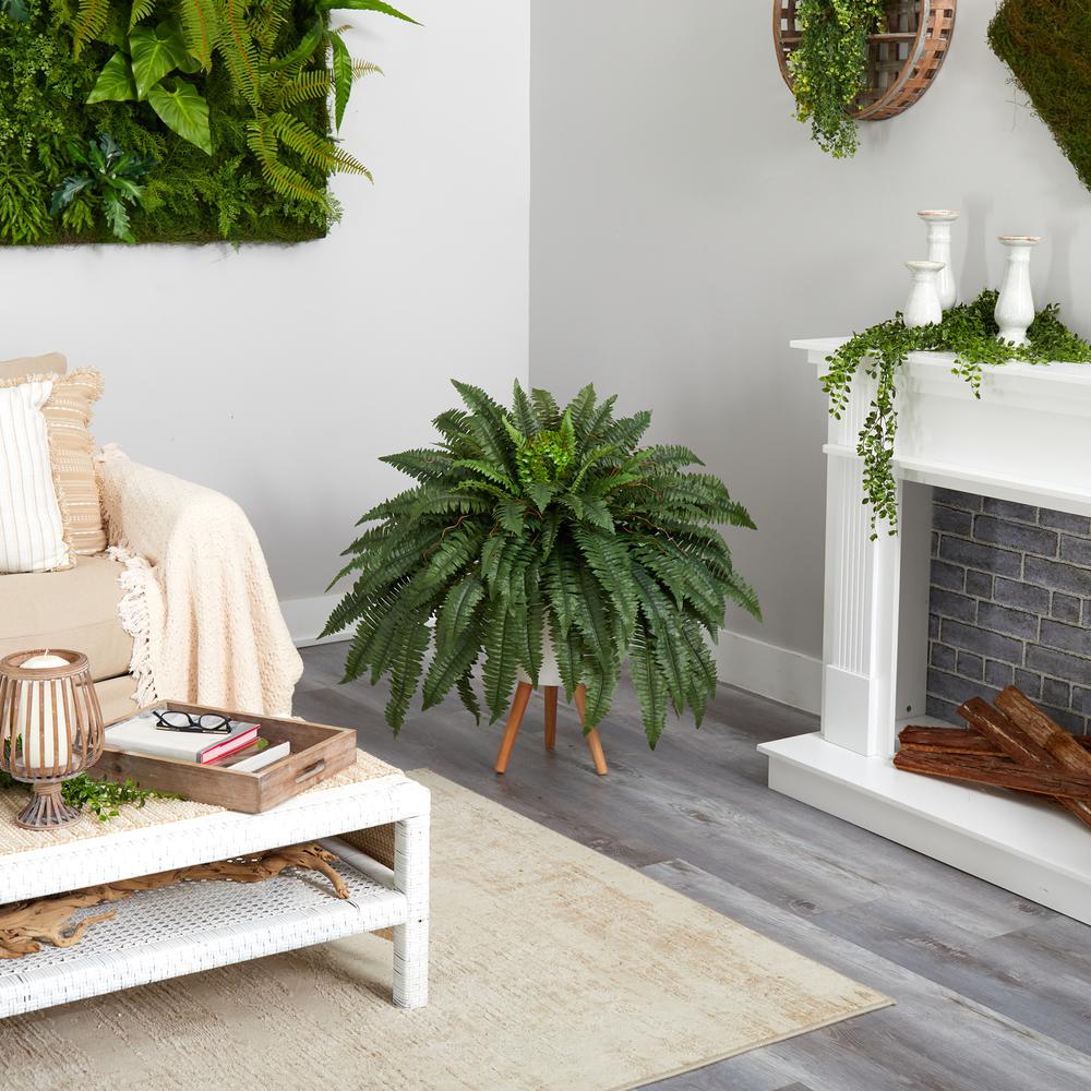 2.5ft. Boston Fern Artificial Plant in White Planter with Legs. Picture 4