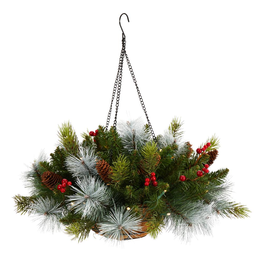24in. Holiday Pre-Lit Pine and Berries Artificial Christmas Hanging Basket. Picture 1