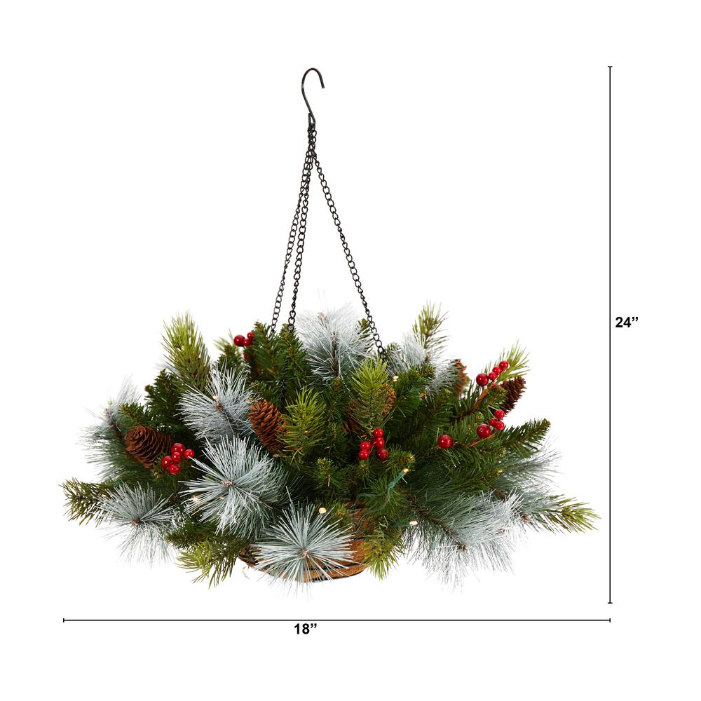 24in. Holiday Pre-Lit Pine and Berries Artificial Christmas Hanging Basket. Picture 2