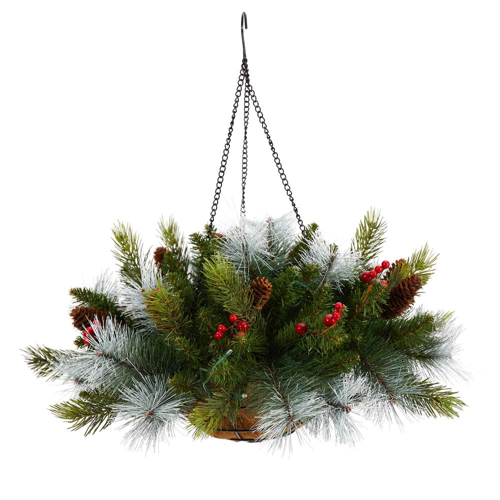 24in. Holiday Pre-Lit Pine and Berries Artificial Christmas Hanging Basket. Picture 3