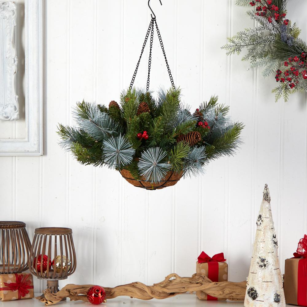 24in. Holiday Pre-Lit Pine and Berries Artificial Christmas Hanging Basket. Picture 4