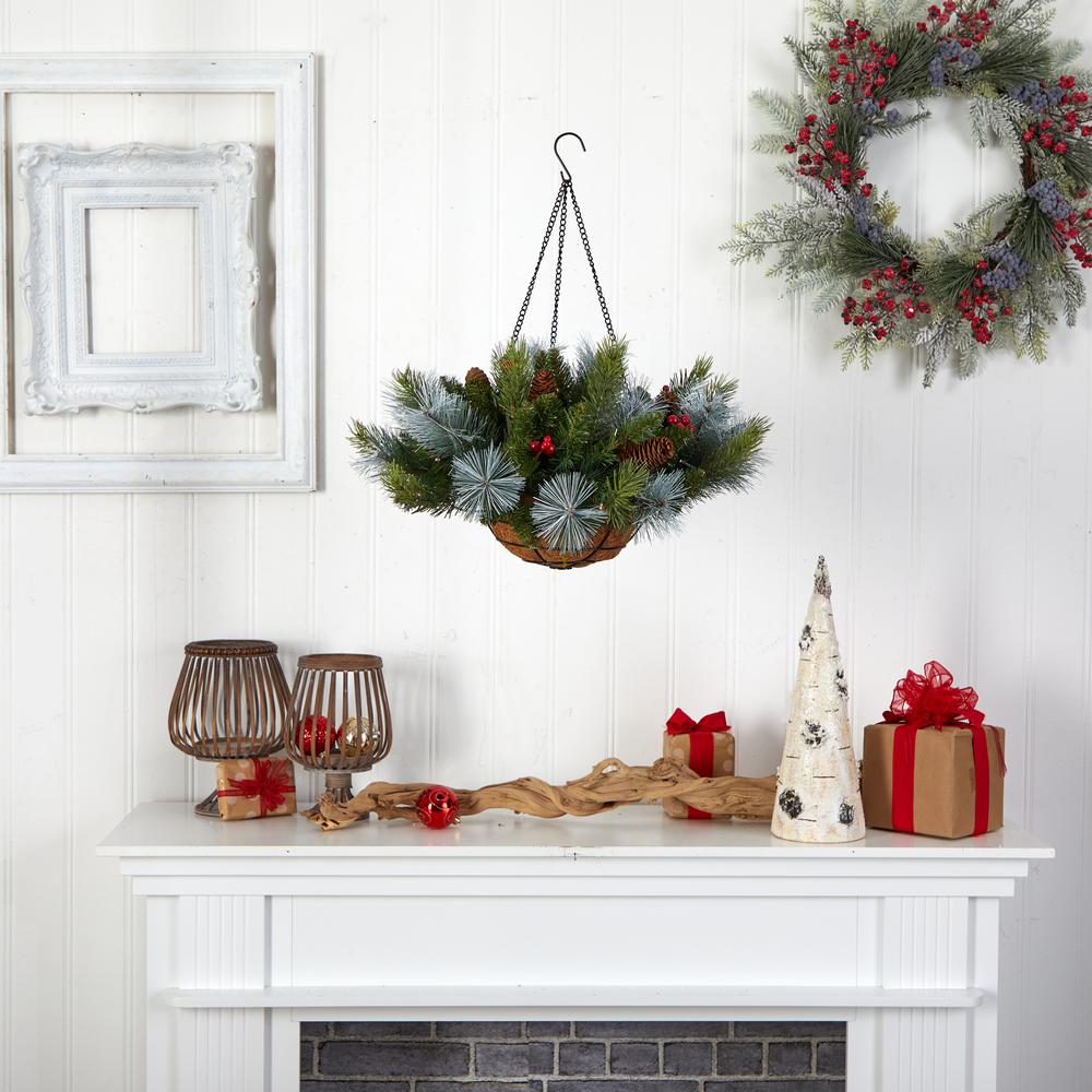 24in. Holiday Pre-Lit Pine and Berries Artificial Christmas Hanging Basket. Picture 5