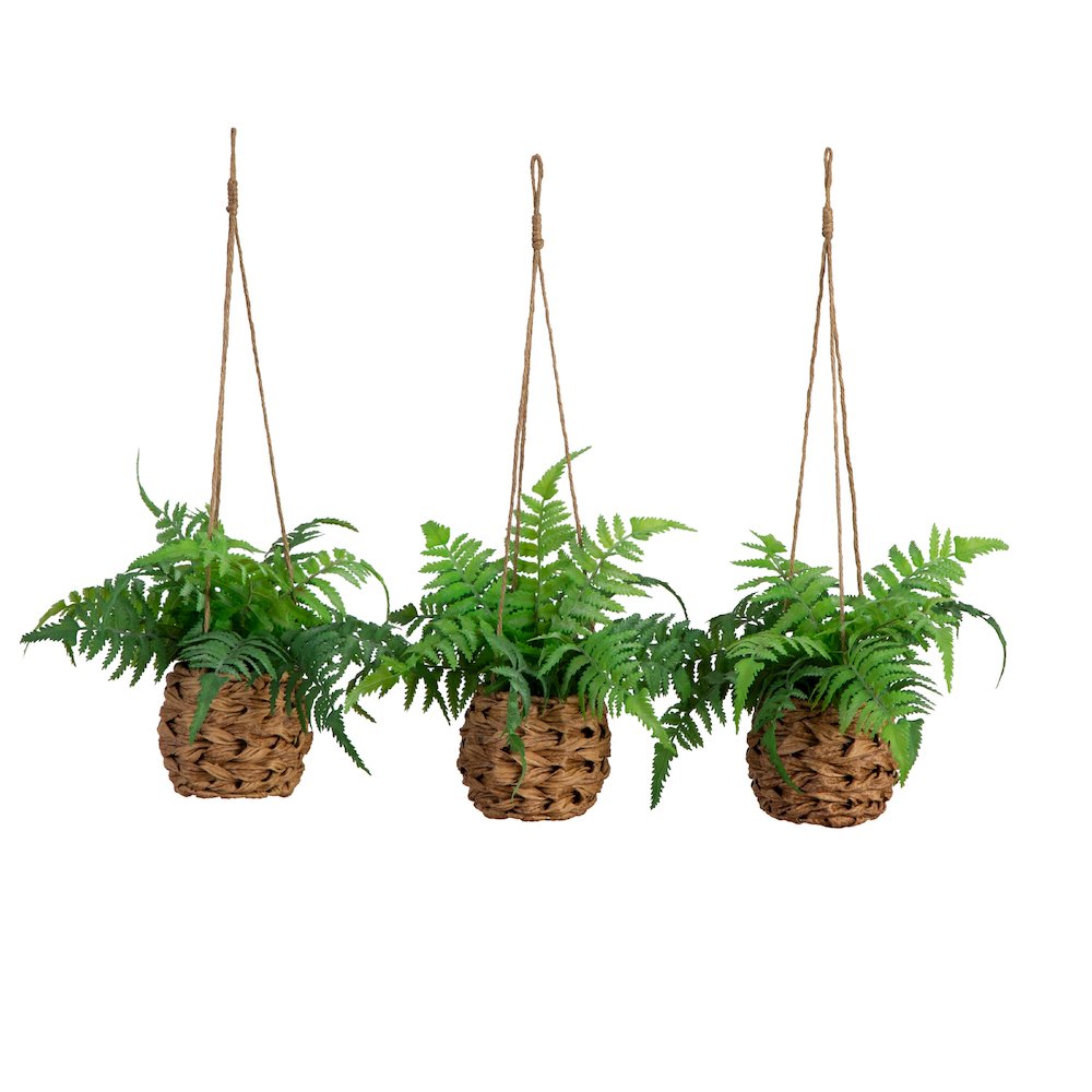10in. UV Resistant Artificial Boston Fern in Hanging Wicker Basket Set of 3. Picture 12