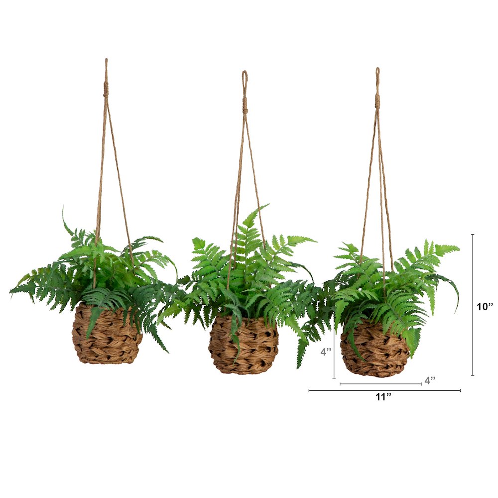 10in. UV Resistant Artificial Boston Fern in Hanging Wicker Basket Set of 3. Picture 1