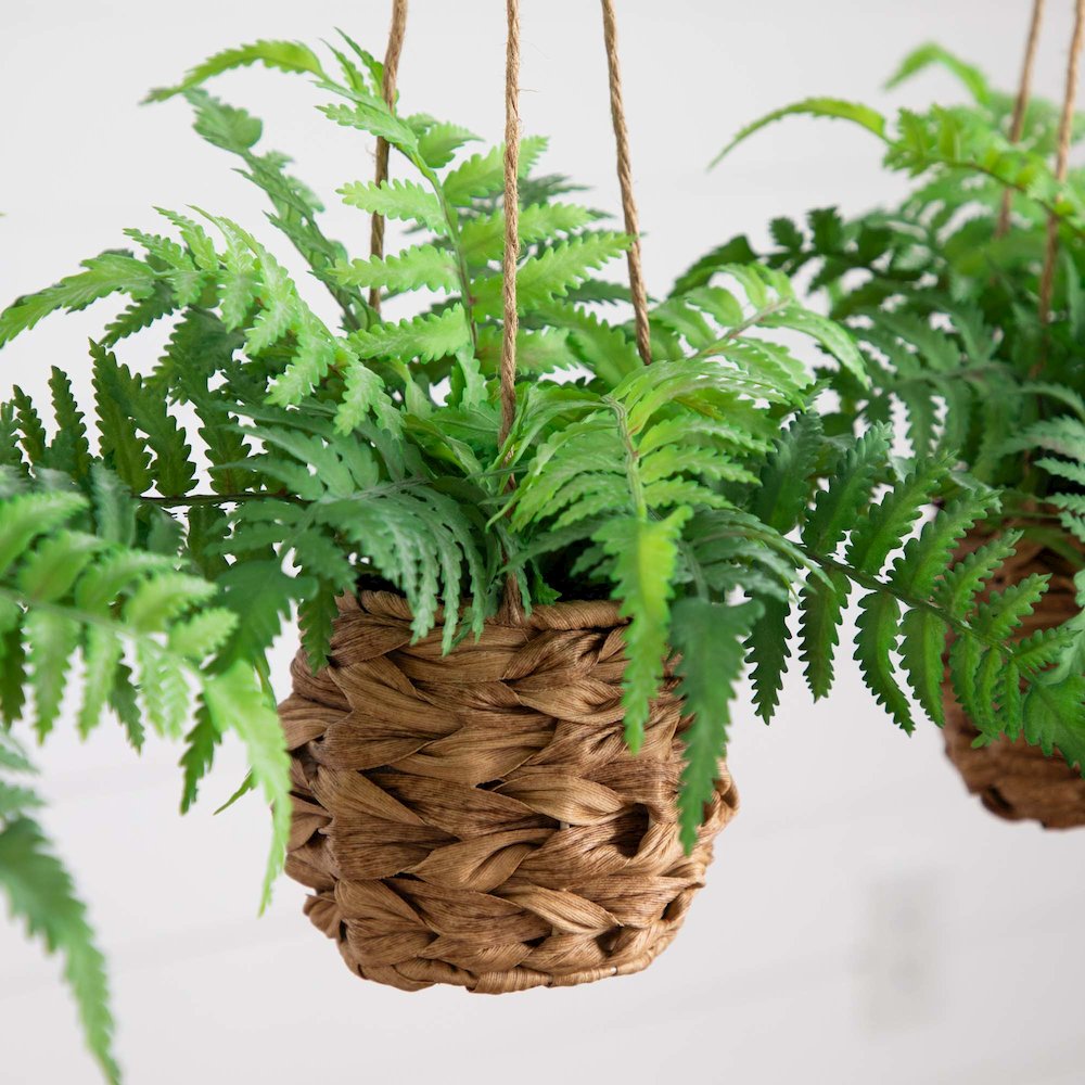 10in. UV Resistant Artificial Boston Fern in Hanging Wicker Basket Set of 3. Picture 3