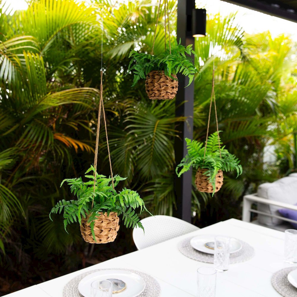 10in. UV Resistant Artificial Boston Fern in Hanging Wicker Basket Set of 3. Picture 8