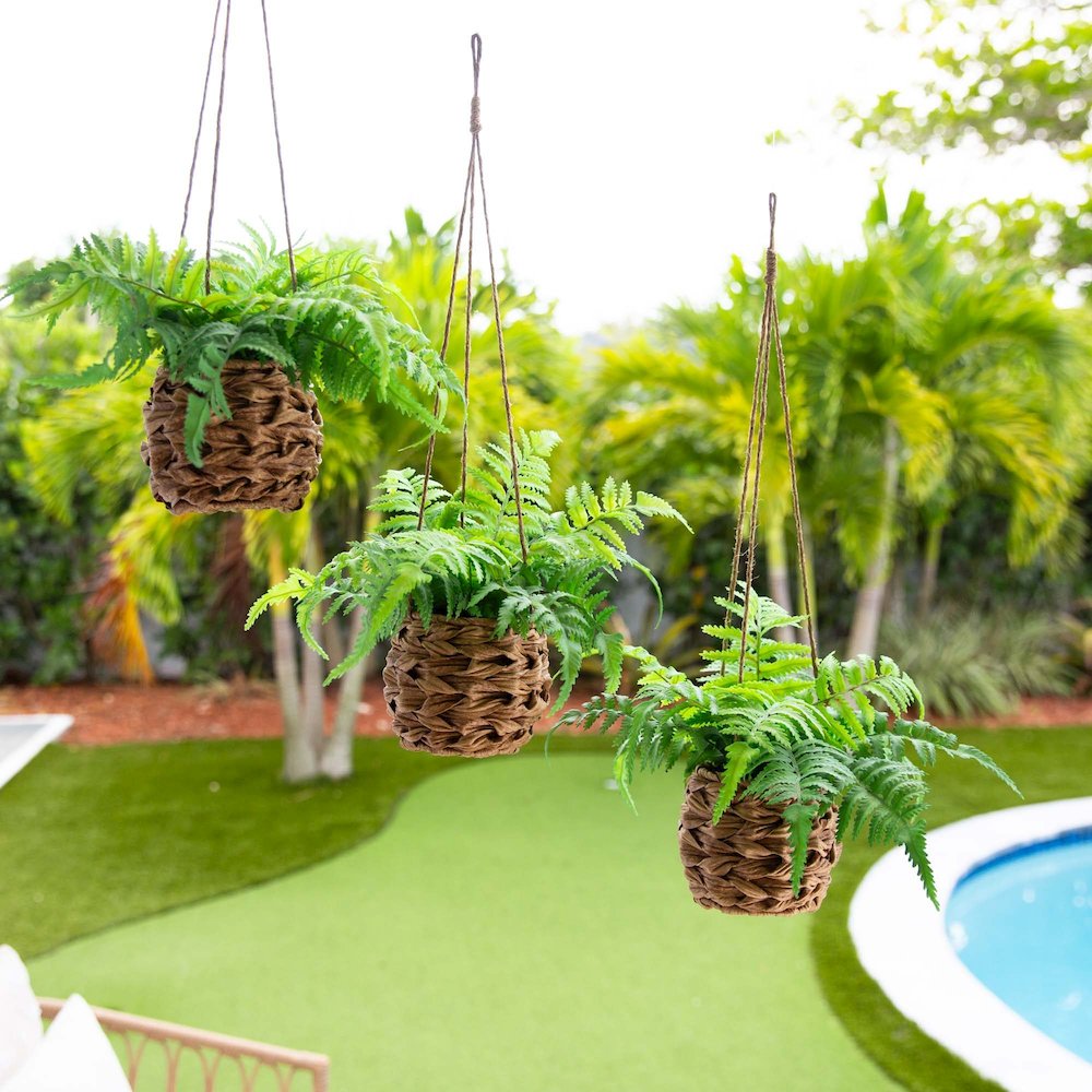 10in. UV Resistant Artificial Boston Fern in Hanging Wicker Basket Set of 3. Picture 5