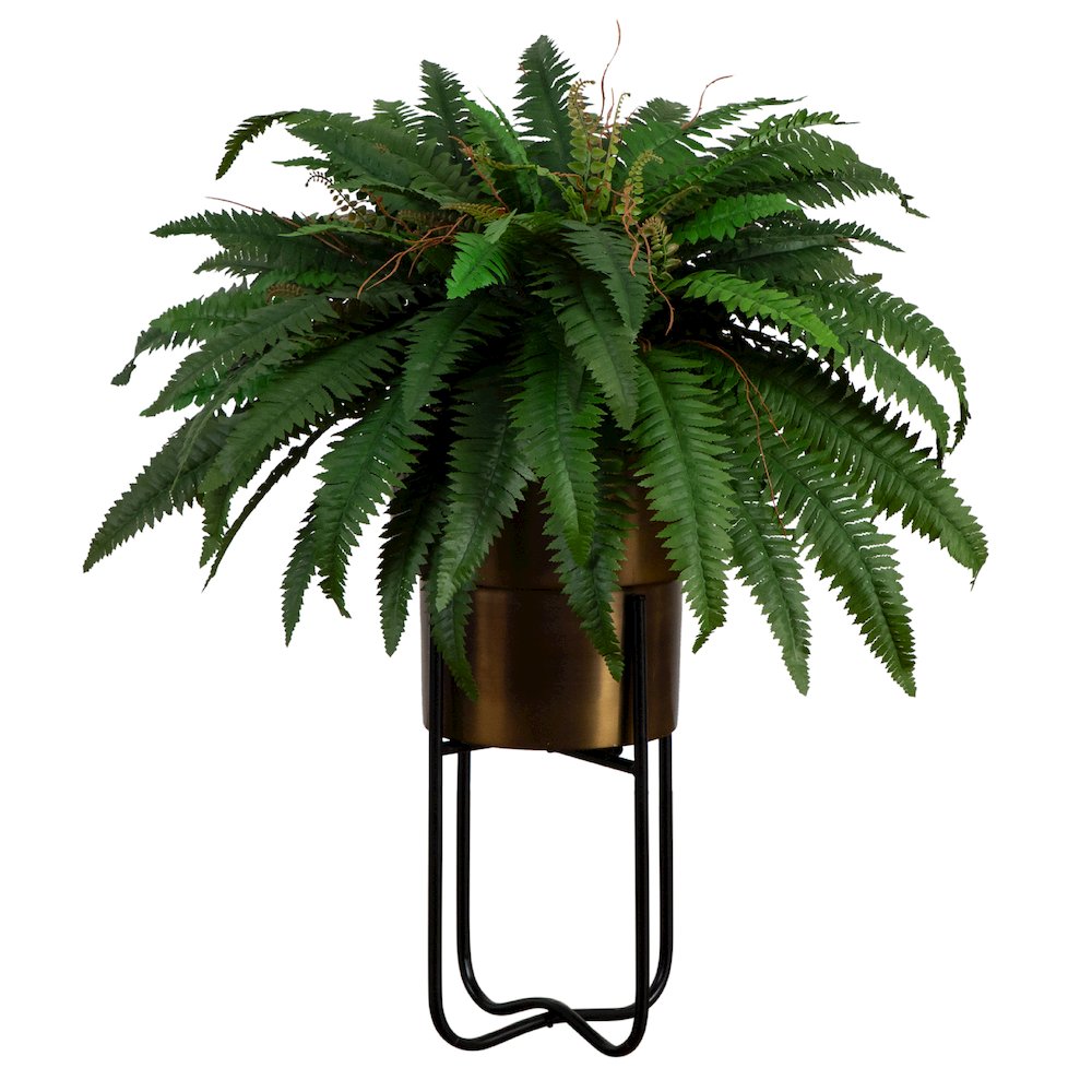 35in. Artificial Boston Fern in Brass Metal Planter with Stand. Picture 6