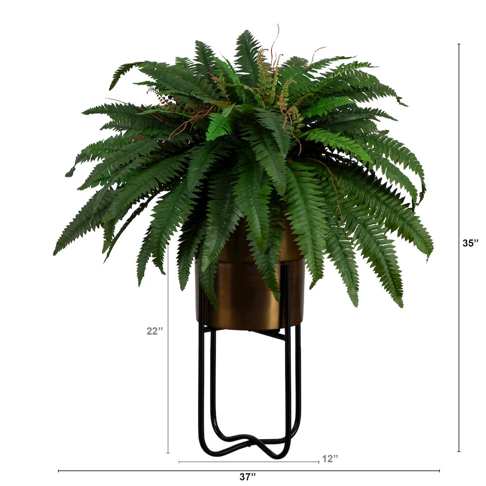 35in. Artificial Boston Fern in Brass Metal Planter with Stand. Picture 1